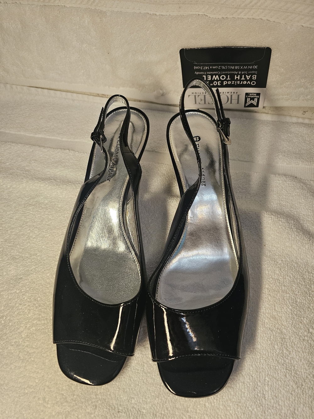 Etienne Aigner Black Patent Slingback Heels with Silver Insole